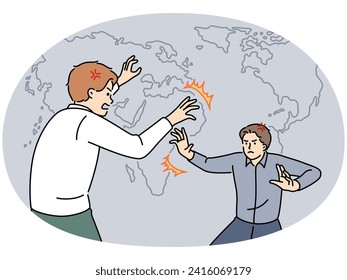 Furious businessmen fighting on world map background. Mad male employees in quarrel on terms of international business. Vector illustration.