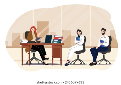 Furious businesswoman scream and scold stressed employees at workplace. Angry authoritarian female boss shout and lecture unhappy workers. Vector illustration.