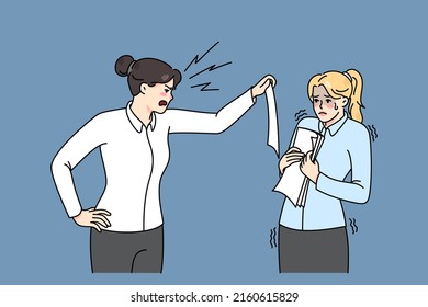 Furious Businesswoman Show Document Scream At Female Employee For Mistake Or Error. Angry Woman Boss Show Power Shout At Scared Subordinate. Psychological Pressure. Vector Illustration. 