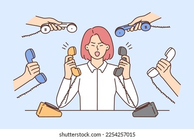 Furious businesswoman sit at desk scream surrounded with numerous phones ringing. Mad female employee irritated with work calls. Overwork and breakdown. Vector illustration. 
