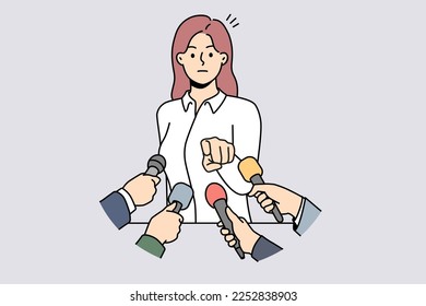 Furious businesswoman talk in microphones at conference point at journalist or reporter. Mad female politician distressed talking at event. Vector illustration. 