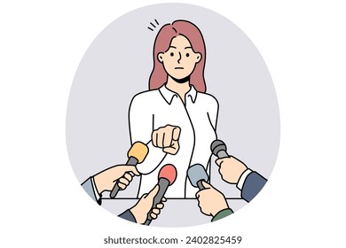 Furious businesswoman talk in microphones at conference point at journalist or reporter. Mad female politician distressed talking at event. Vector illustration.