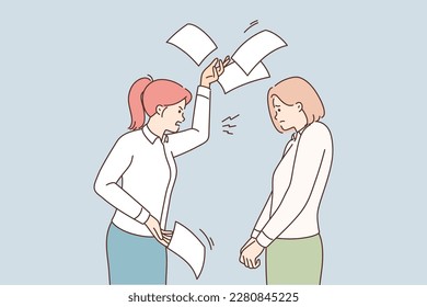 Furious businesswoman throw papers yell at stressed employee in office. Aggressive female boss scold and scream at terrified colleague. Work harassment. Vector illustration. 