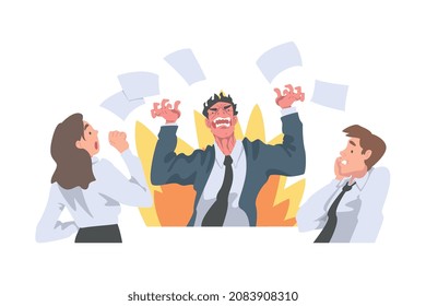 Furious Chief Screaming and Yelling in Anger at Scared Employee Vector Illustration