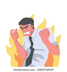 Furious Chief Screaming and Yelling in Anger with Burning Flame Behind Vector Illustration
