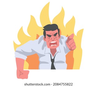 Furious Chief Screaming and Yelling in Anger with Burning Flame Behind Vector Illustration