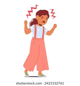 Furious Child Girl, Face Contorted With Rage, Releases A Torrent Of Ear-piercing Shouts, Fists Clenched. Unbridled Emotion Echoes In Tumultuous, Vehement Outbursts. Cartoon People Vector Illustration