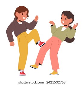 Furious Children Clash, Exchanging Heated Words And Fists. Their Faces Contorted With Anger, A Chaotic Quarrel Unfolds, Echoing Playground Tension In A Storm Of Emotions. Cartoon Vector Illustration