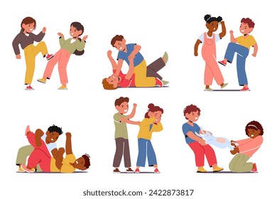 Furious Children Clash In A Heated Quarrel, Exchanging Harsh Words And Fierce Blows. Tempers Flare, Screams Pierce The Air, And A Chaotic Scuffle Ensues, Fueled By Youthful Rage. Vector Illustration