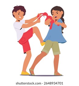 Furious children quarreling fighting for bunny toy screaming and feeling angry isolated on white background. Conflict between preschool kids, bad behavior and harsh communication vector illustration