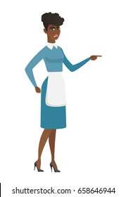 Furious cleaner screaming and pointing her finger to the right. Full length of young cleaner cleaner screaming and shaking her finger. Vector flat design illustration isolated on white background.