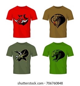 Furious cobra, dinosaur, snake and boar sport vector logo concept set isolated on white. Street wear mascot team badge design. Premium quality wild animal emblem t-shirt tee print illustration.
