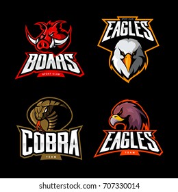 Furious cobra, eagle and boar sport vector logo concept set isolated on black background. Street wear mascot team badge design. Premium quality wild animal emblem t-shirt tee print illustration.