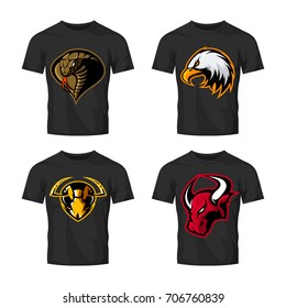 Furious cobra, eagle, bull and hornet sport vector logo concept set isolated on white. Street wear mascot team badge design. Premium quality wild animal emblem t-shirt tee print illustration.