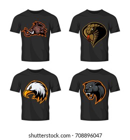 Furious cobra, eagle, mammoth and panther sport vector logo concept set isolated on white. Street wear mascot team badge design. Premium quality wild animal emblem t-shirt tee print illustration.