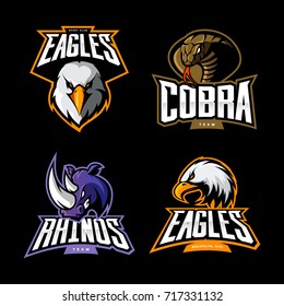 Furious Cobra, Eagle, Rhino Vector Logo Concept Set Isolated On Black Background. Street Wear Mascot Sport Team Badge Design. Premium Quality Wild Animal Emblem T-shirt Tee Print Illustration.