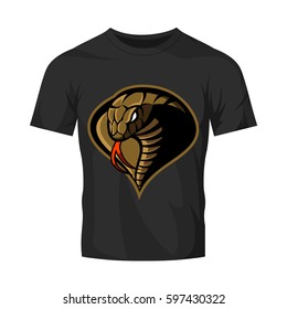 Furious cobra head sport vector logo concept isolated on black t-shirt mockup. Modern professional team badge design. Premium quality wild snake t-shirt tee print illustration.