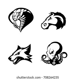 Furious cobra, horse, fox and octopus sport vector logo concept set isolated on white. Street wear mascot team badge design. Premium quality wild animal emblem t-shirt tee print illustration.