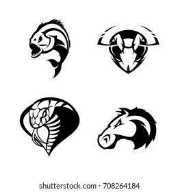 Furious cobra, horse, piranha and hornet sport vector logo concept set isolated on white. Street wear mascot team badge design. Premium quality wild animal emblem t-shirt tee print illustration.