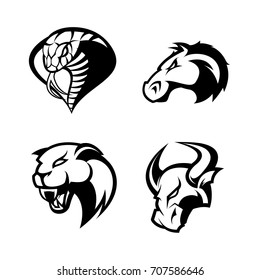 Furious cobra, panther, bull and horse sport vector logo concept set isolated on white. Street wear mascot team badge design. Premium quality wild animal emblem t-shirt tee print illustration.