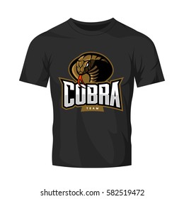 Furious cobra sport vector logo concept isolated on black t-shirt mockup. Modern web infographic professional team pictogram. Premium quality wild snake t-shirt tee print illustration.