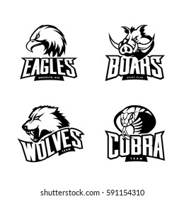 Furious cobra, wolf, eagle and boar sport vector logo concept set isolated on white background. Team emblem design. Premium quality wild animal, bird and snake t-shirt tee print illustration.