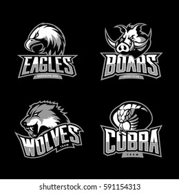 Furious cobra, wolf, eagle and boar sport vector logo concept set isolated on dark background. Team emblem design. Premium quality wild animal, bird and snake t-shirt tee print illustration.