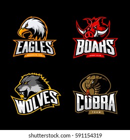 Furious Cobra, Wolf, Eagle And Boar Sport Vector Logo Concept Set Isolated On Dark Background. Team Emblem Design. Premium Quality Wild Animal, Bird And Snake T-shirt Tee Print Illustration.