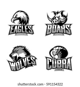 Furious cobra, wolf, eagle and boar sport vector logo concept set isolated on white background. Team emblem design. Premium quality wild animal, bird and snake t-shirt tee print illustration.