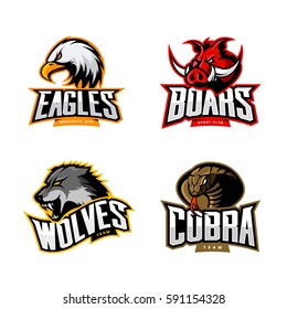 Furious cobra, wolf, eagle and boar sport vector logo concept set isolated on white background. Team emblem design. Premium quality wild animal, bird and snake t-shirt tee print illustration.