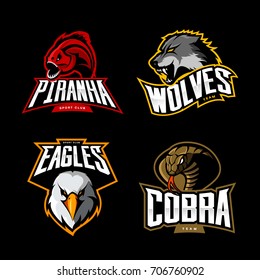 Furious cobra, wolf, eagle and piranha sport vector logo concept set isolated on black. Street wear mascot team badge design. Premium quality wild animal emblem t-shirt tee print illustration.