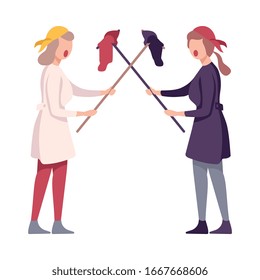 Furious Colleagues Arguing and Shouting, Two Female Cleaning Service Workers Characters Yelling at Each Other Flat Vector Illustration