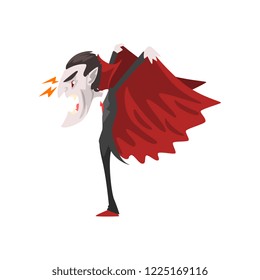 Furious Count Dracula, vampire cartoon character wearing in a black suit and red cape vector Illustration on a white background