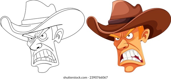 A furious cowboy wearing a hat in a doodle-style vector illustration