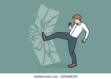 Furious decisive businessman break wall shatter imaginary barrier. Motivated angry male employee crash glass door or shutter demolish obstacle. Business motivation. Vector illustration. 
