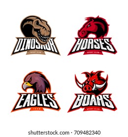 Furious dinosaur, boar, eagle and horse sport vector logo concept set isolated on white. Street wear mascot team badge design. Premium quality wild animal emblem t-shirt tee print illustration.