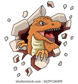 A furious dinosaur bursting through a wall