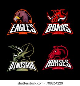 Furious dinosaur, horse, eagle and boar sport vector logo concept set isolated on black. Street wear mascot team badge design. Premium quality wild animal emblem t-shirt tee print illustration.