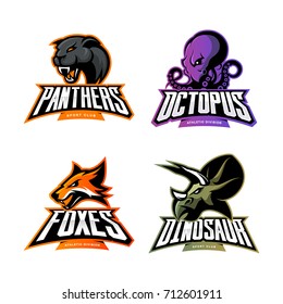 Furious dinosaur, panther, octopus, fox vector logo concept set isolated on white. Street wear mascot sport team badge design. Premium quality wild animal emblem t-shirt tee print illustration.