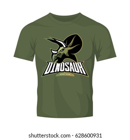 Furious dinosaur sport club vector logo concept isolated on khaki t-shirt mockup. Modern team badge mascot design. Premium quality wild reptile t-shirt tee print illustration. Savage monster icon.