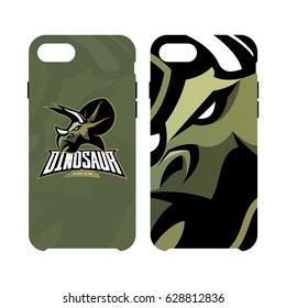 Furious dinosaur sport club vector logo concept smart phone case isolated on white background. Modern professional team badge mascot design. Premium quality wild reptile cell phone cover illustration.