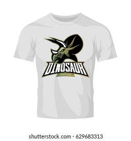 Furious dinosaur sport club vector logo concept isolated on white t-shirt mockup. Modern team badge mascot design. Premium quality wild reptile t-shirt tee print illustration. Savage monster icon.