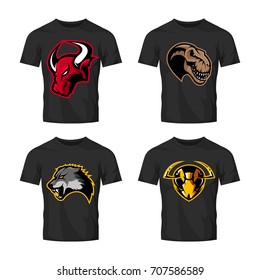 Furious dinosaur, wolf, bull and hornet sport vector logo concept set isolated on white. Street wear mascot team badge design. Premium quality wild animal emblem t-shirt tee print illustration.