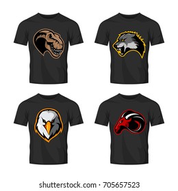 Furious dinosaur, wolf, eagle and ram sport vector logo concept set isolated on white. Street wear mascot team badge design. Premium quality wild animal emblem t-shirt tee print illustration.