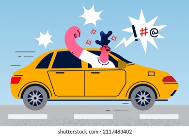 Furious driver look out of car honk scream yell for rules violation. Angry man driving automobile shout at people on road. Aggression control. Flat vector illustration, cartoon character. 