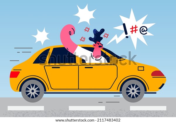 Furious\
driver look out of car honk scream yell for rules violation. Angry\
man driving automobile shout at people on road. Aggression control.\
Flat vector illustration, cartoon character.\

