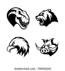 Furious eagle, bear, boar and dinosaur sport vector logo concept set isolated on white. Street wear mascot team badge design. Premium quality wild animal emblem t-shirt tee print illustration.