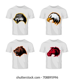 Furious eagle, bear, horse and wolf sport vector logo concept set isolated on white. Street wear mascot team badge design. Premium quality wild animal emblem t-shirt tee print illustration.