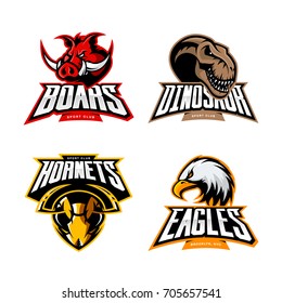 Furious eagle, boar, dinosaur and hornet sport vector logo concept set isolated on white. Street wear mascot team badge design. Premium quality wild animal emblem t-shirt tee print illustration.