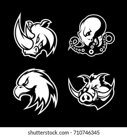 Furious eagle, boar, octopus and rhino sport vector logo concept set isolated on black. Street wear mascot team badge design. Premium quality wild animal emblem t-shirt tee print illustration.